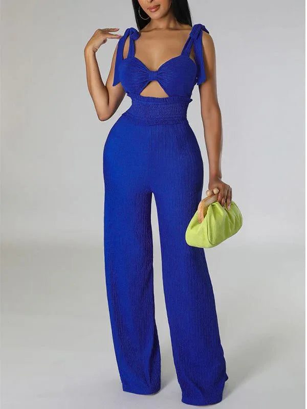 Women's Solid Tie-Shoulder Sleeveless Wide-Leg Jumpsuit