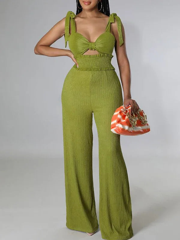 Women's Solid Tie-Shoulder Sleeveless Wide-Leg Jumpsuit