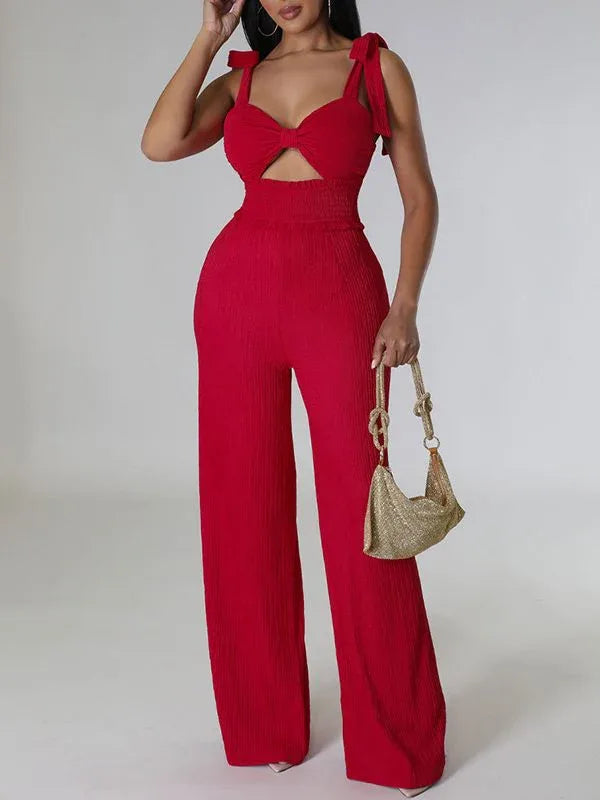 Women's Solid Tie-Shoulder Sleeveless Wide-Leg Jumpsuit