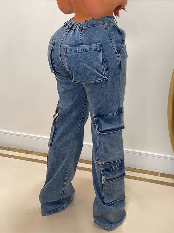Women's Medium-Wash Relaxed Fit Cargo Denim Jeans