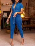 Women's Zip-Front Tied-Waist Denim Jumpsuit