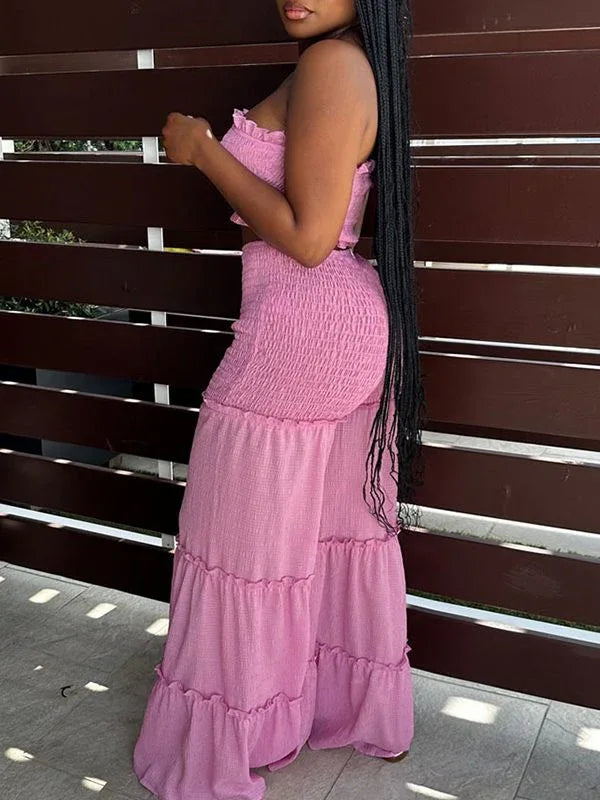 Women's Smocked Bandeau Crop Top & Flowy Wide-Leg Pants Set