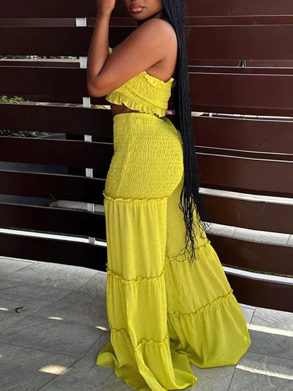 Women's Smocked Bandeau Crop Top & Flowy Wide-Leg Pants Set