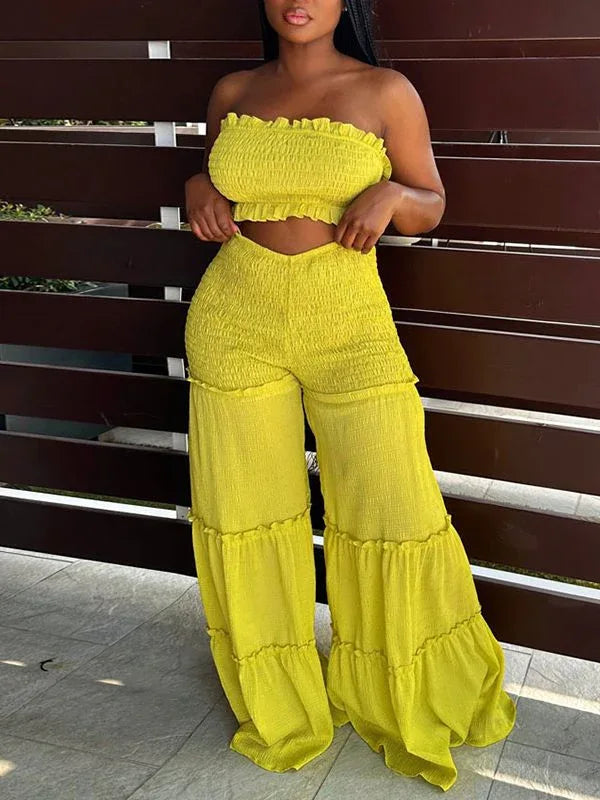 Women's Smocked Bandeau Crop Top & Flowy Wide-Leg Pants Set