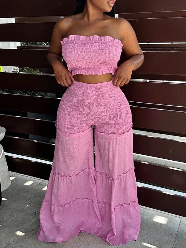 Women's Smocked Bandeau Crop Top & Flowy Wide-Leg Pants Set