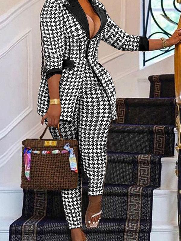 Women's Houndstooth Print Tailored Blazer & Pants Set