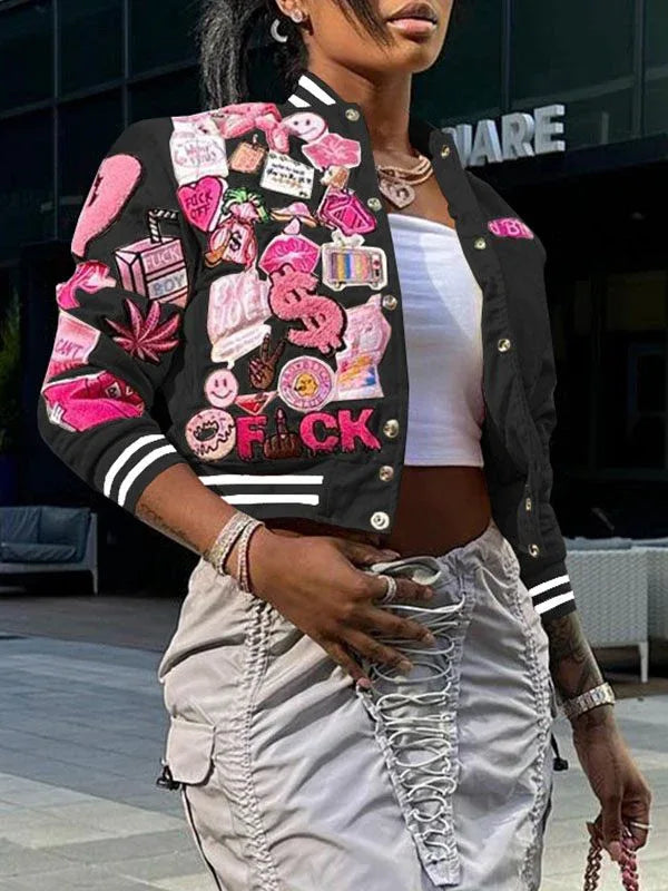 Women's Printed Zip-Front Casual Bomber Jacket