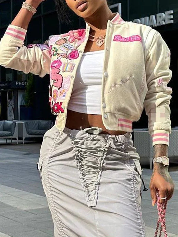 Women's Printed Zip-Front Casual Bomber Jacket
