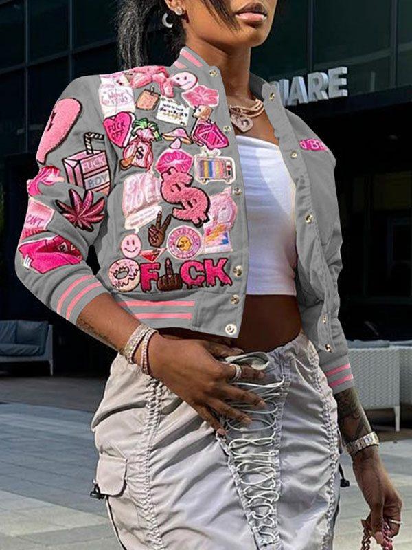 Women's Printed Zip-Front Casual Bomber Jacket