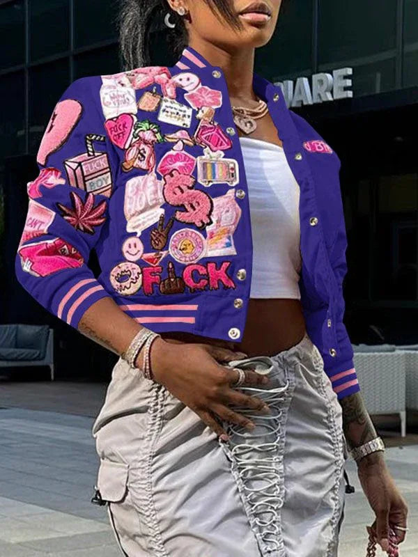 Women's Printed Zip-Front Casual Bomber Jacket