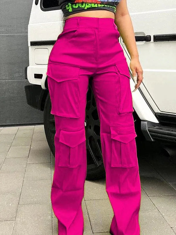 Women's Solid Relaxed-Fit Multi-Pocket Cargo Pants