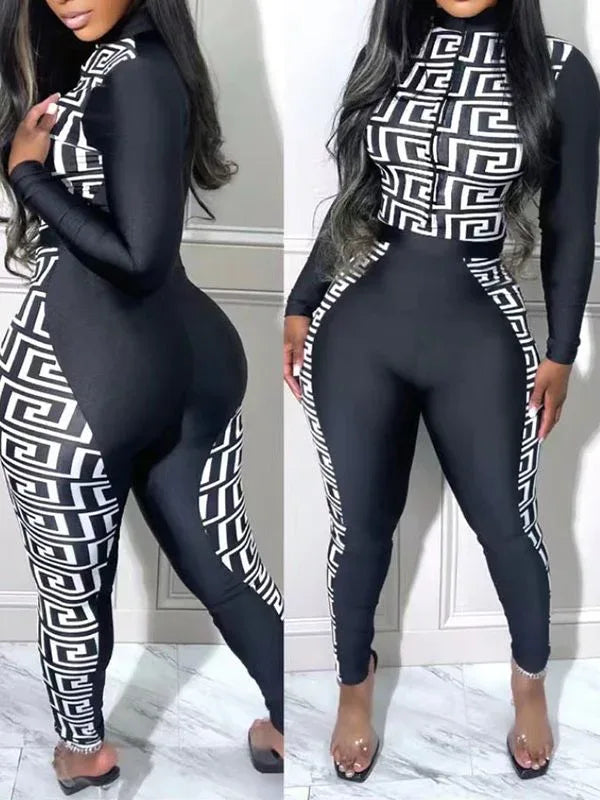 Women's Printed Patchwork Zip-Front Top & Pants Set