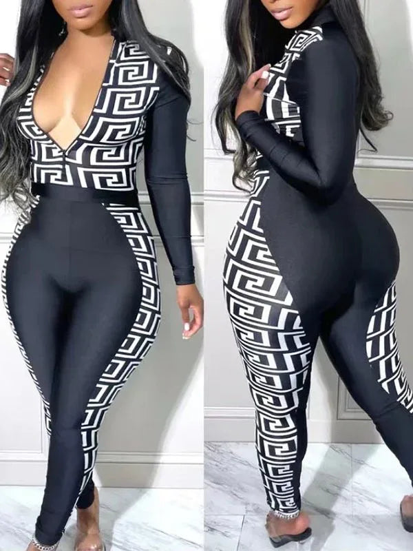 Women's Printed Patchwork Zip-Front Top & Pants Set