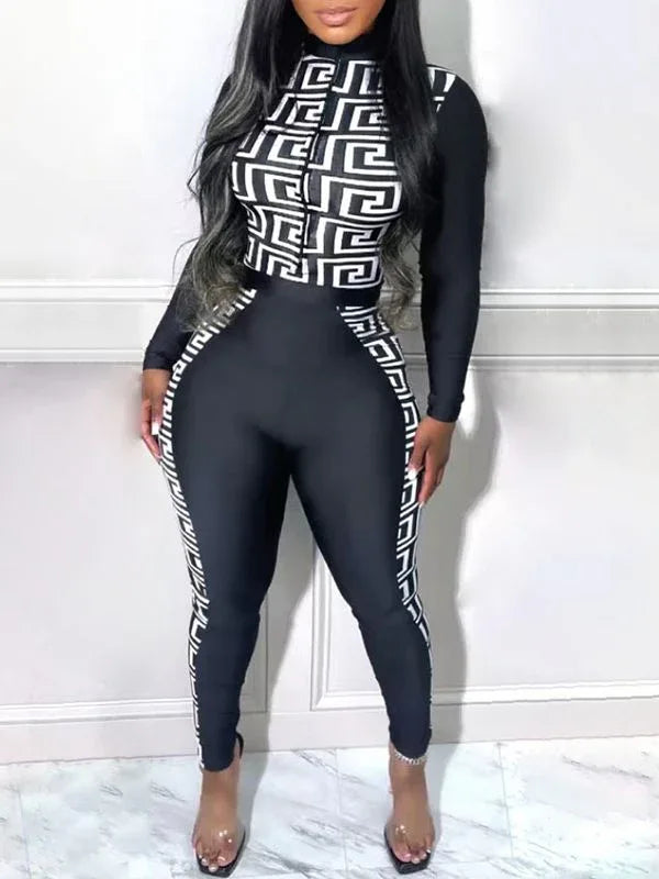 Women's Printed Patchwork Zip-Front Top & Pants Set
