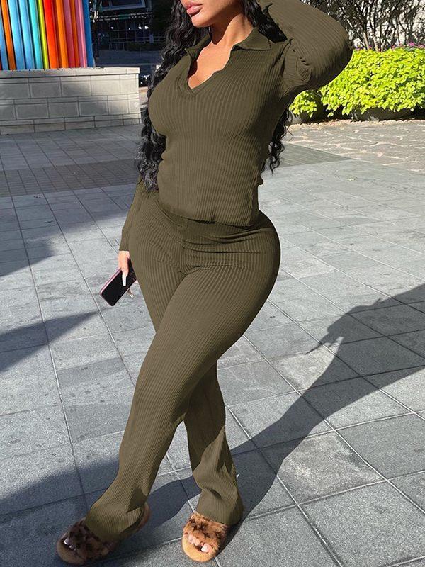Women's Ribbed Polo Collar Tee & High-Waist Pants Set