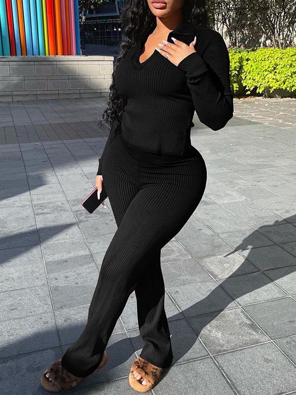 Women's Ribbed Polo Collar Tee & High-Waist Pants Set