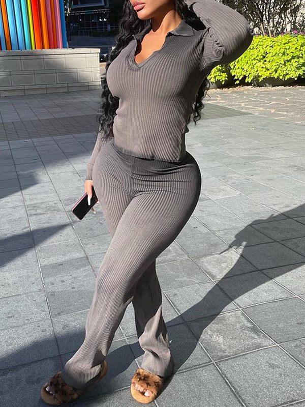Women's Ribbed Polo Collar Tee & High-Waist Pants Set