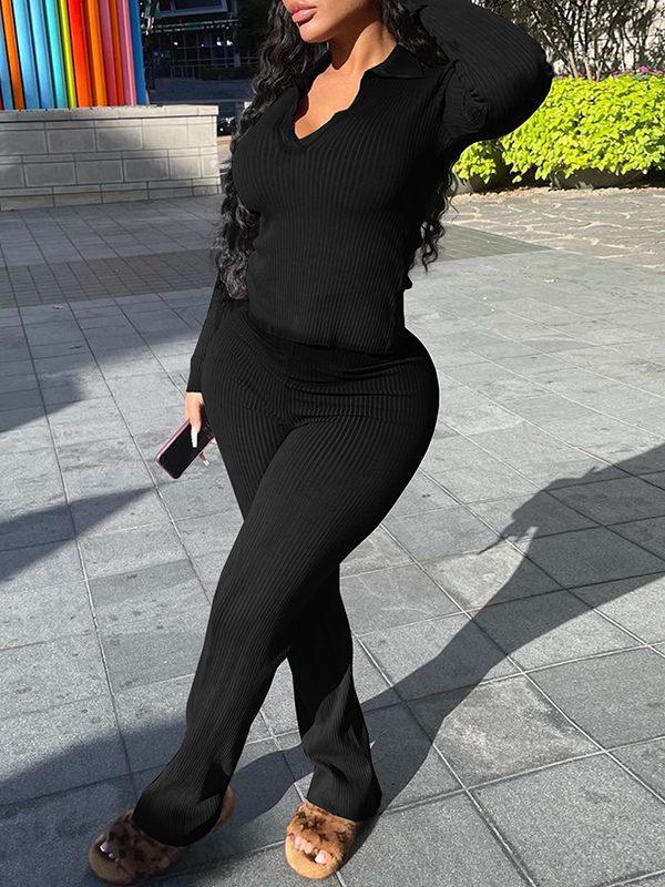 Women's Ribbed Polo Collar Tee & High-Waist Pants Set