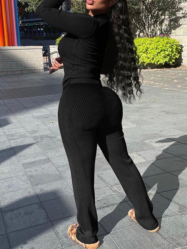 Women's Ribbed Polo Collar Tee & High-Waist Pants Set