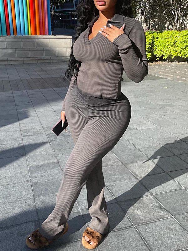 Women's Ribbed Polo Collar Tee & High-Waist Pants Set