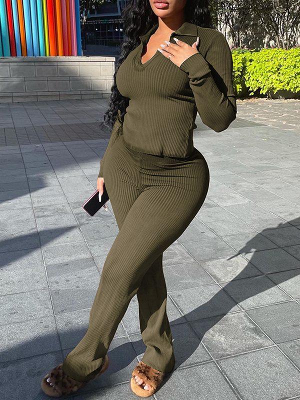 Women's Ribbed Polo Collar Tee & High-Waist Pants Set