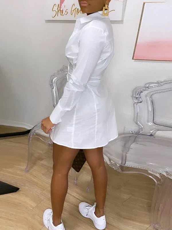 Women's White Lace-Up Shirt Midi Dress