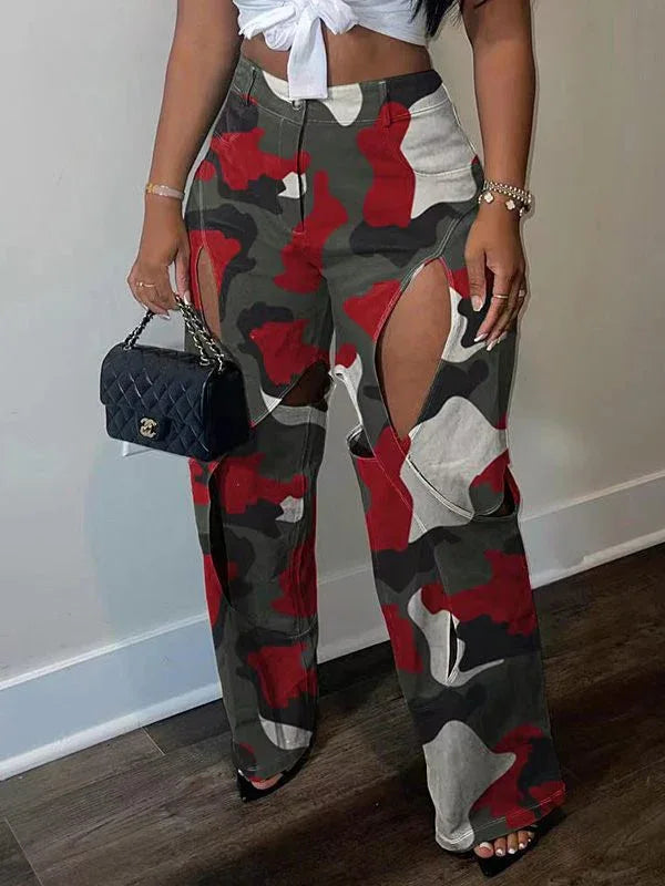Women's Camo Print Cutout Slim-Fit Stretch Pants