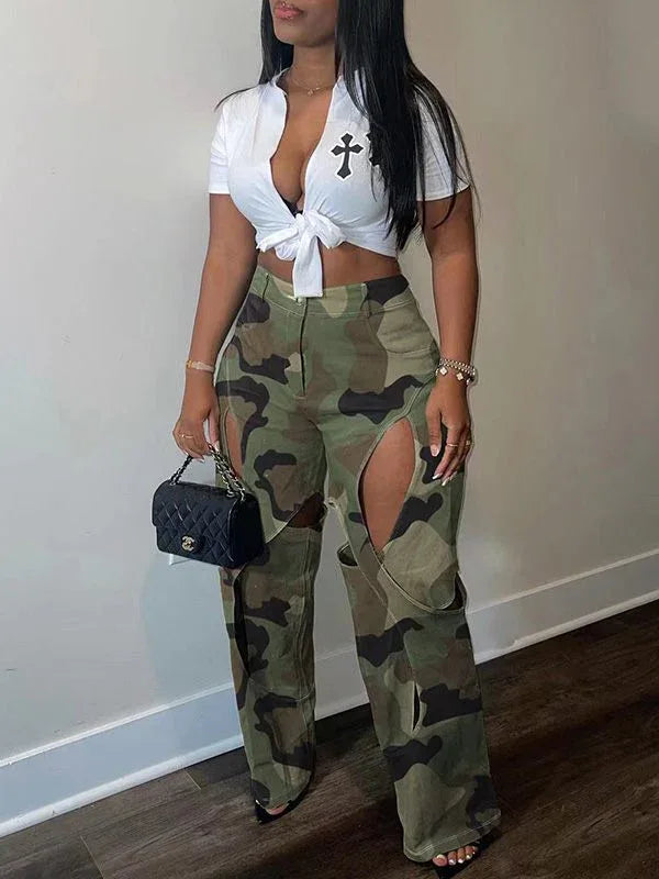 Women's Camo Print Cutout Slim-Fit Stretch Pants