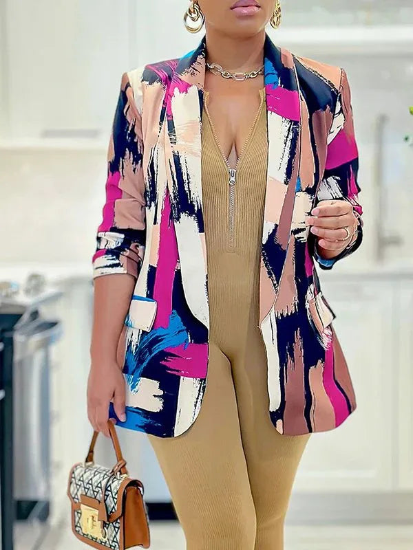 Women's Printed One-Button Tailored Long-Sleeve Blazer