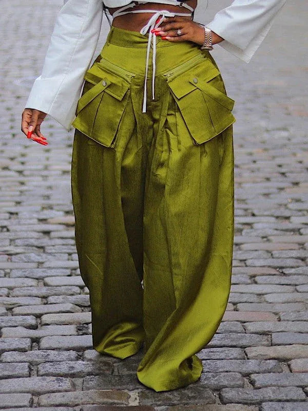 Women's Wide-Leg Casual Pants with Detachable Cargo Pockets