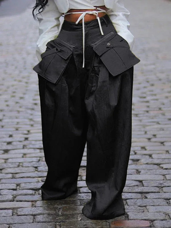 Women's Wide-Leg Casual Pants with Detachable Cargo Pockets