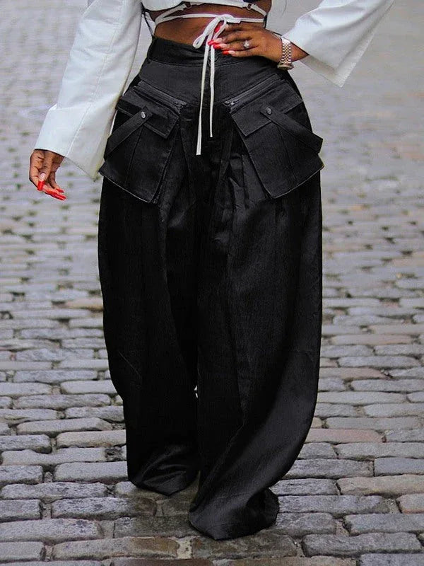Women's Wide-Leg Casual Pants with Detachable Cargo Pockets
