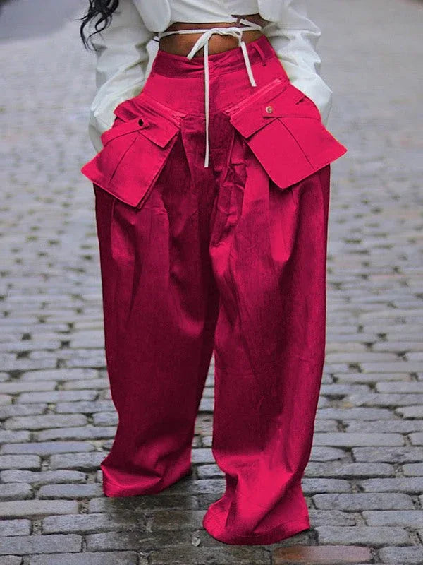Women's Wide-Leg Casual Pants with Detachable Cargo Pockets