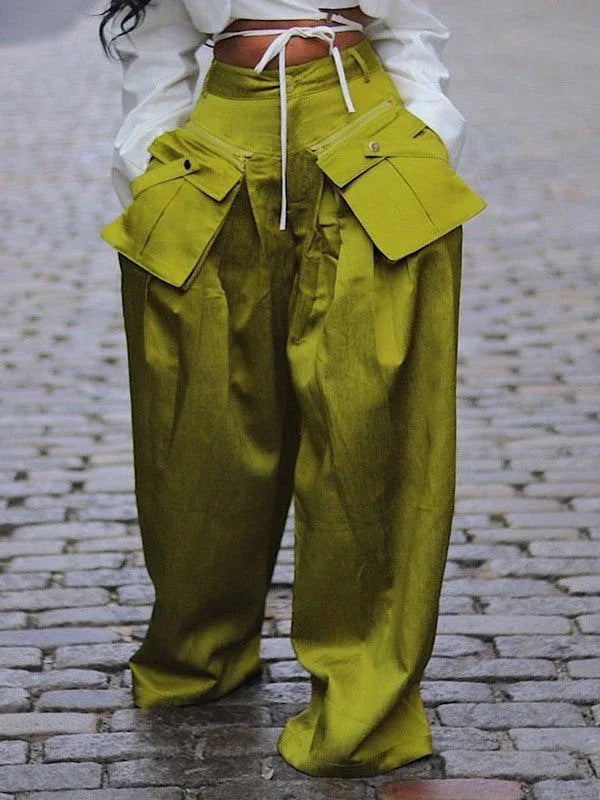 Women's Wide-Leg Casual Pants with Detachable Cargo Pockets
