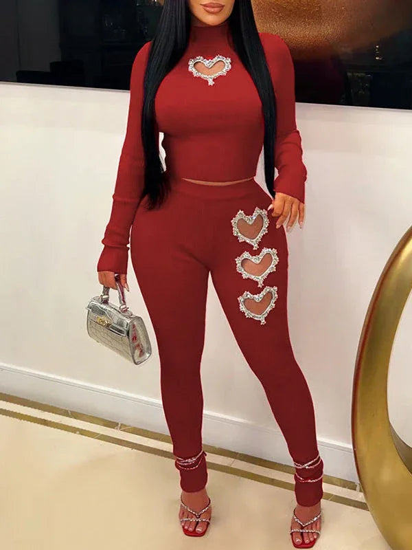 Women's Heart Studded Embellished Crop Top & Pants Set