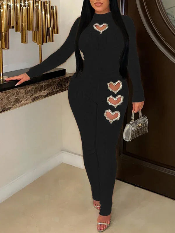 Women's Heart Studded Embellished Crop Top & Pants Set