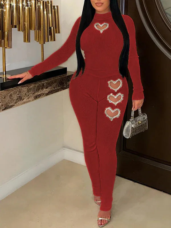 Women's Heart Studded Embellished Crop Top & Pants Set
