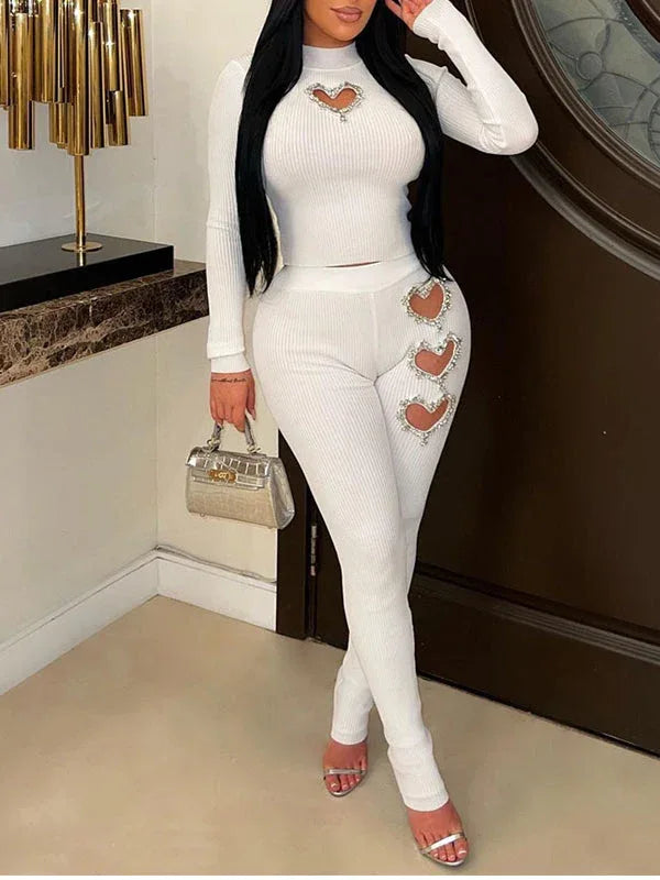 Women's Heart Studded Embellished Crop Top & Pants Set
