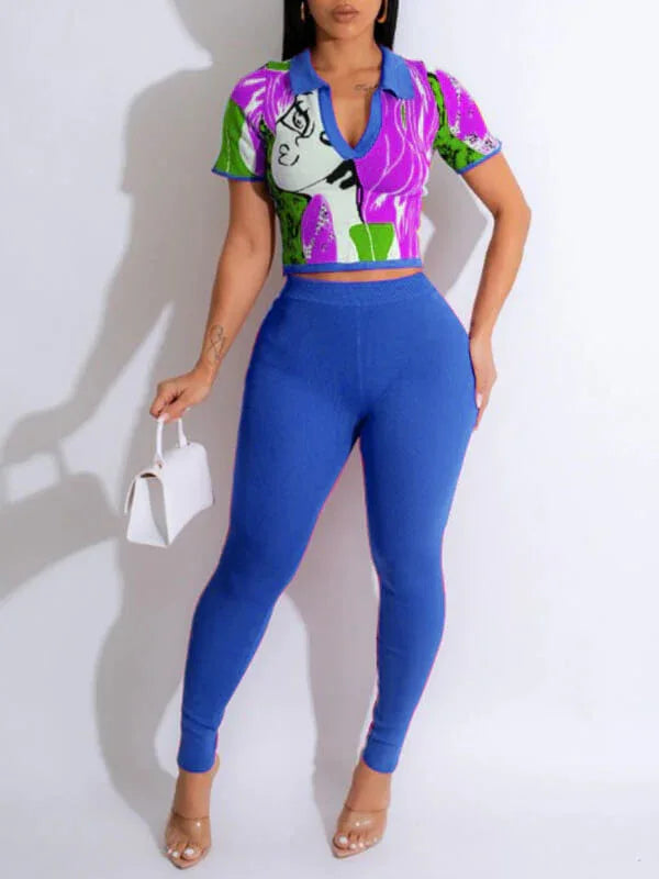 Women's Printed Polo Collar Top & High-Waist Pants Set