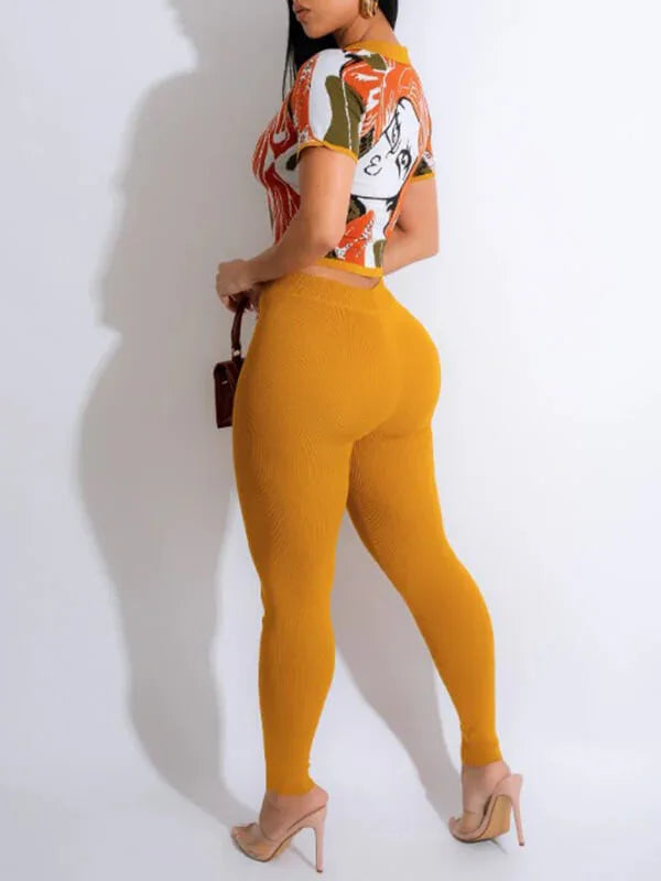 Women's Printed Polo Collar Top & High-Waist Pants Set