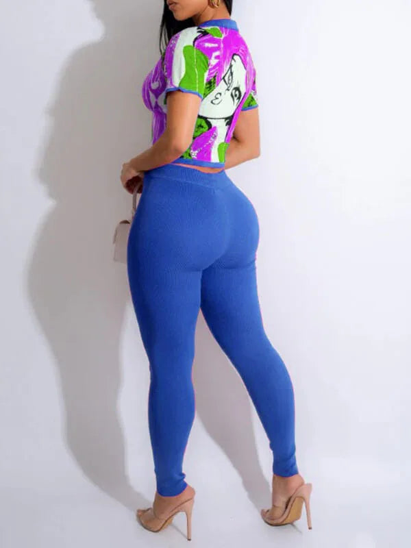 Women's Printed Polo Collar Top & High-Waist Pants Set