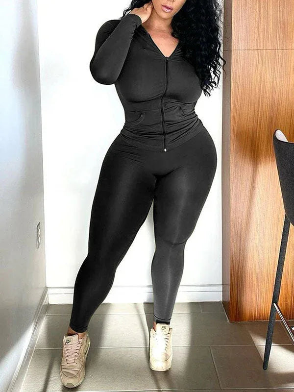 Women's Casual Zip-Front Hoodie & Relaxed Wide-Leg Pants Set