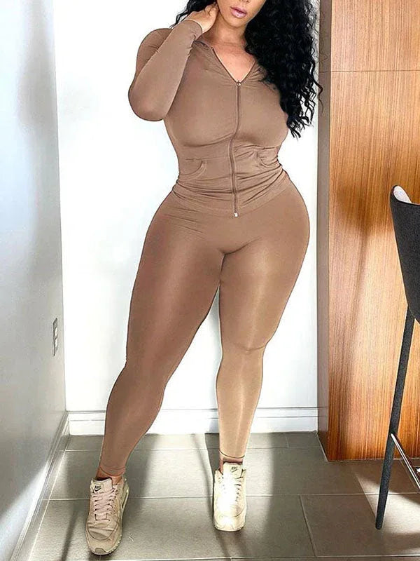 Women's Casual Zip-Front Hoodie & Relaxed Wide-Leg Pants Set
