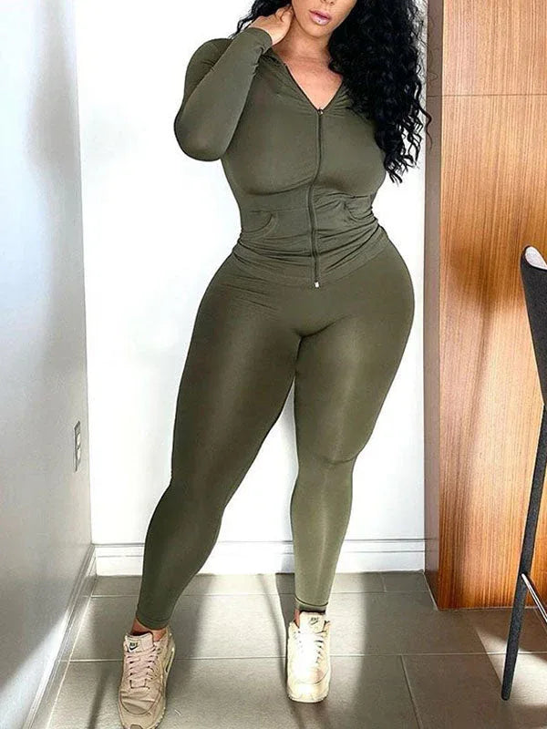 Women's Casual Zip-Front Hoodie & Relaxed Wide-Leg Pants Set