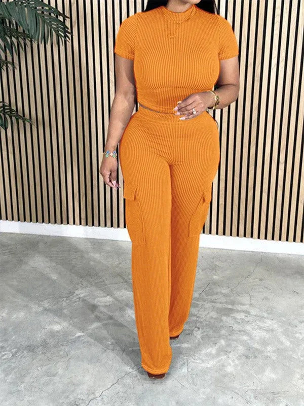 Women's Solid Casual Tee & Multi-Pocket Cargo Pants Set
