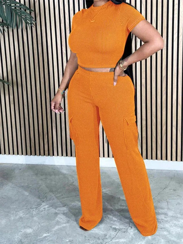 Women's Solid Casual Tee & Multi-Pocket Cargo Pants Set