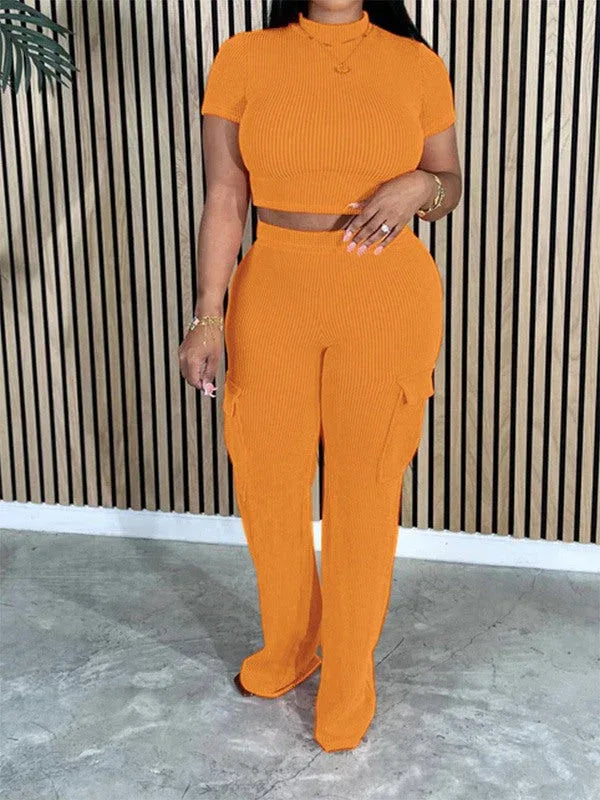 Women's Solid Casual Tee & Multi-Pocket Cargo Pants Set