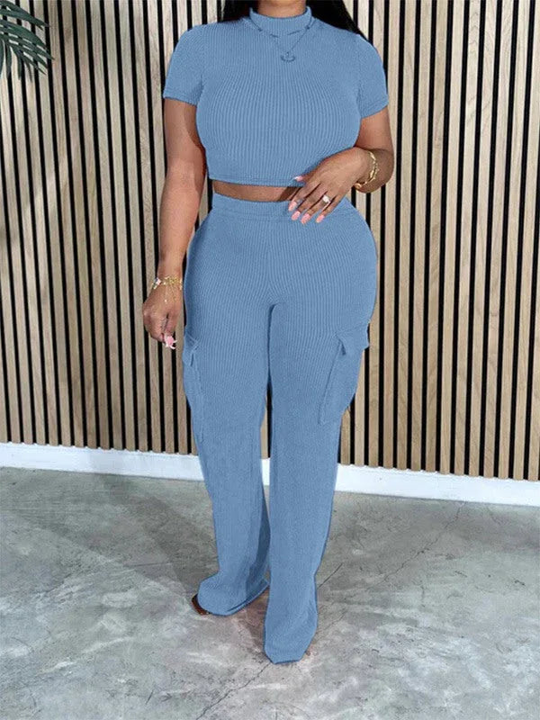 Women's Solid Casual Tee & Multi-Pocket Cargo Pants Set