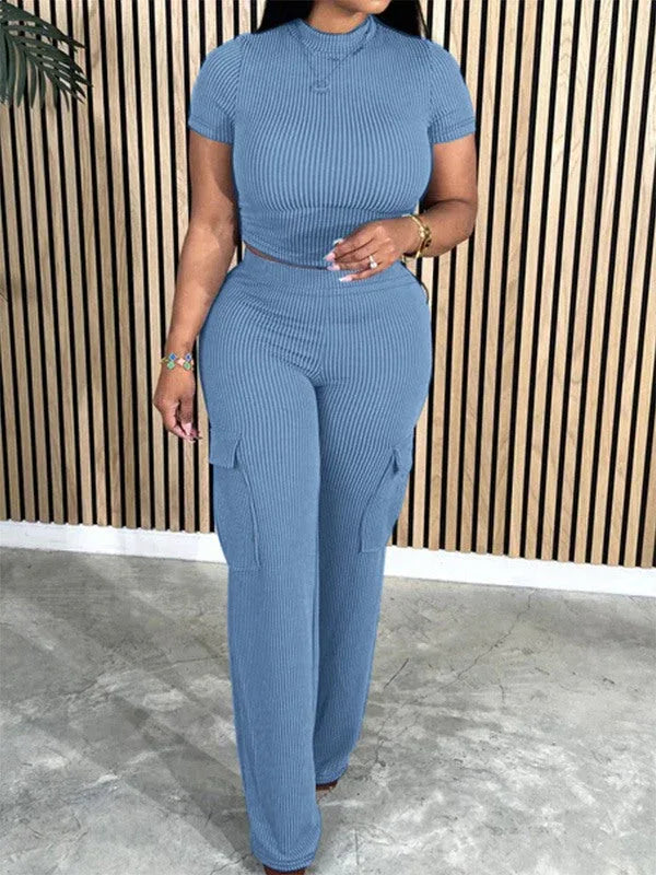 Women's Solid Casual Tee & Multi-Pocket Cargo Pants Set