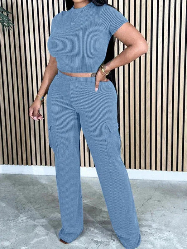 Women's Solid Casual Tee & Multi-Pocket Cargo Pants Set